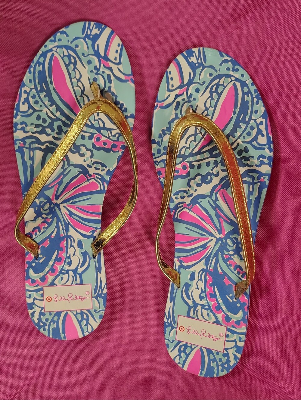 Lilly Pulitzer "For The Fans" Blue Pink Print w Metallic Gold Straps Women's 9.5